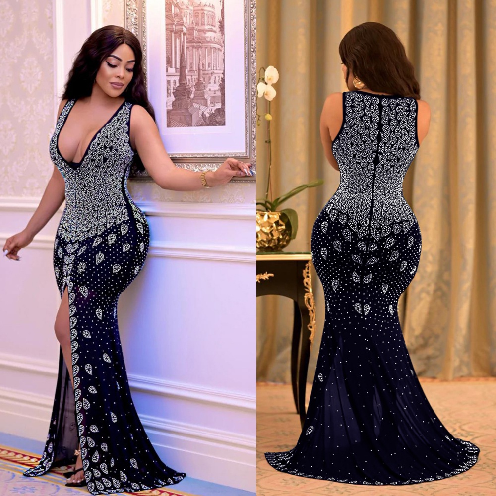 V-neck fashion dress rhinestone long dress for women