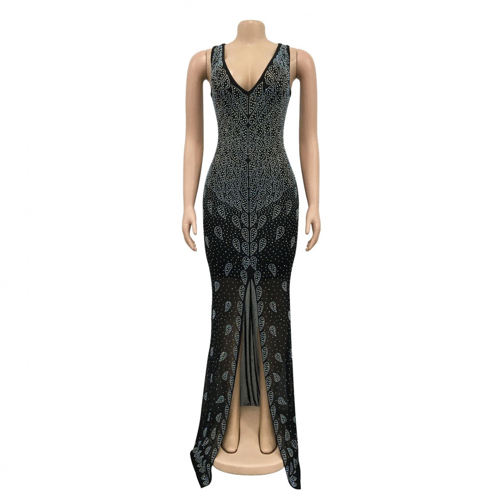 V-neck fashion dress rhinestone long dress for women