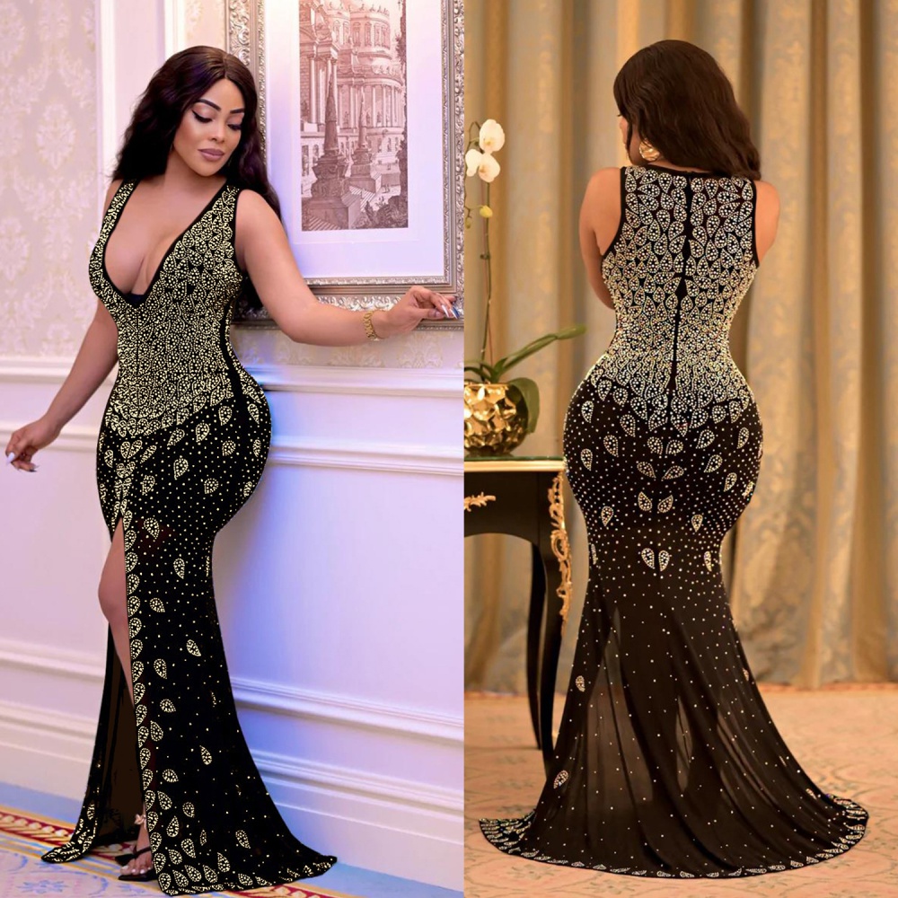 V-neck fashion dress rhinestone long dress for women