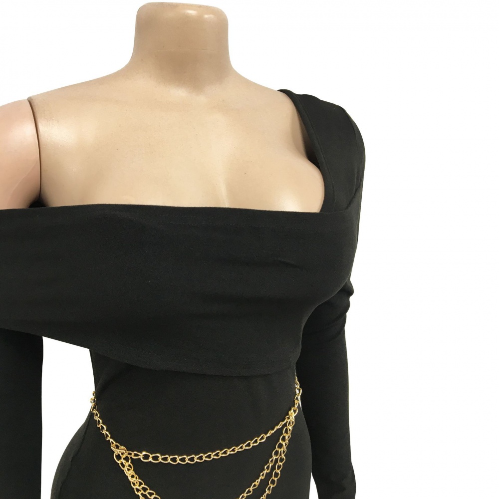 Oblique collar long sleeve dress pure metal belt for women