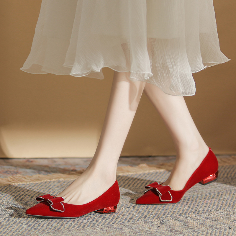 Red low pointed shoes flat bride wedding shoes for women