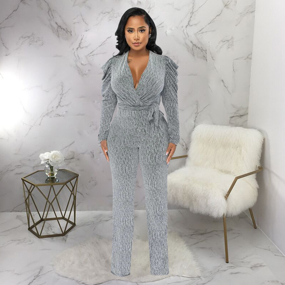 Knitted puff sleeve sexy glossy V-neck jumpsuit for women