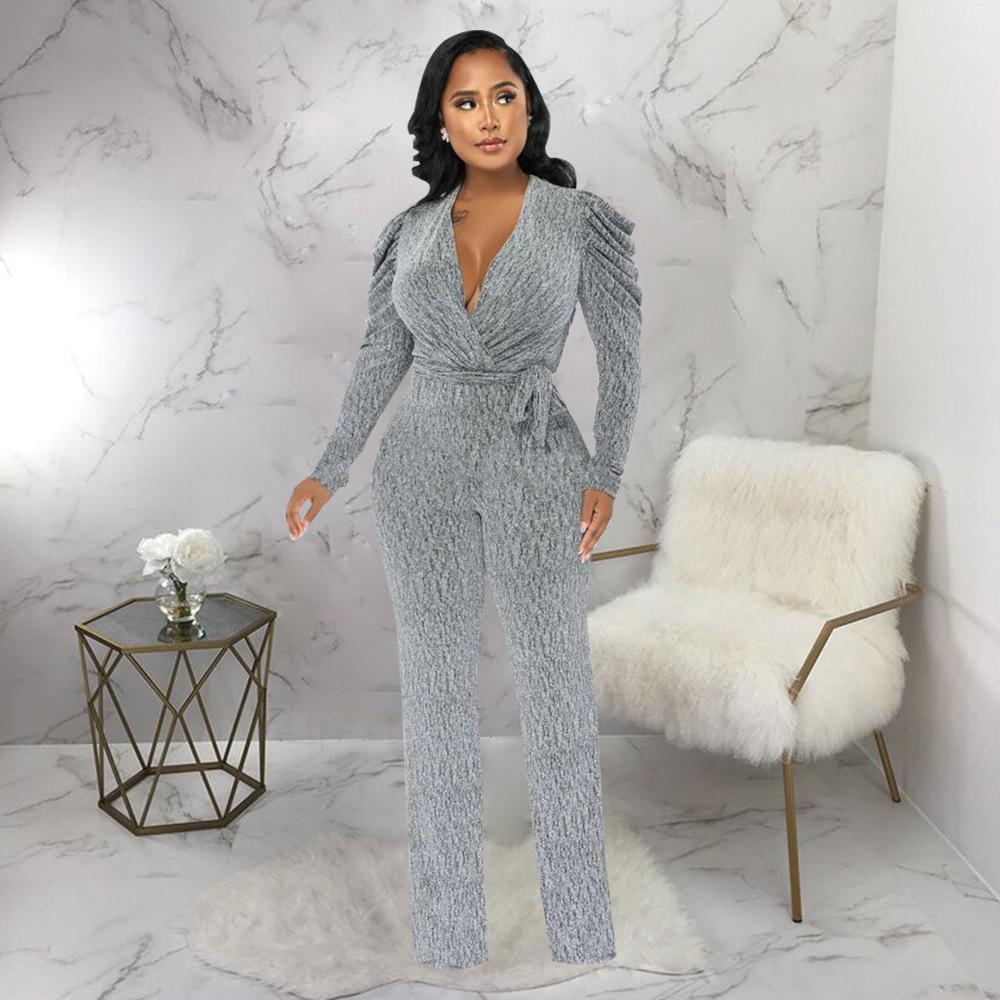Knitted puff sleeve sexy glossy V-neck jumpsuit for women