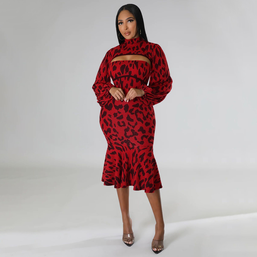 Lantern sleeve leopard skirt 2pcs set for women