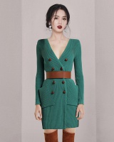 Korean style buckle elegant double row slim dress