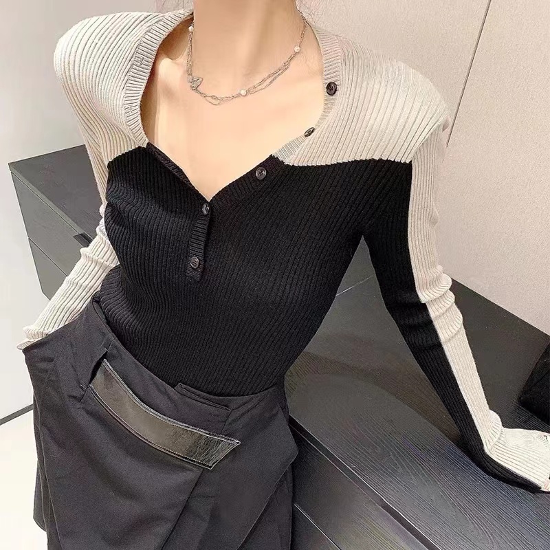 Knitted mixed colors sweater V-neck bottoming shirt for women