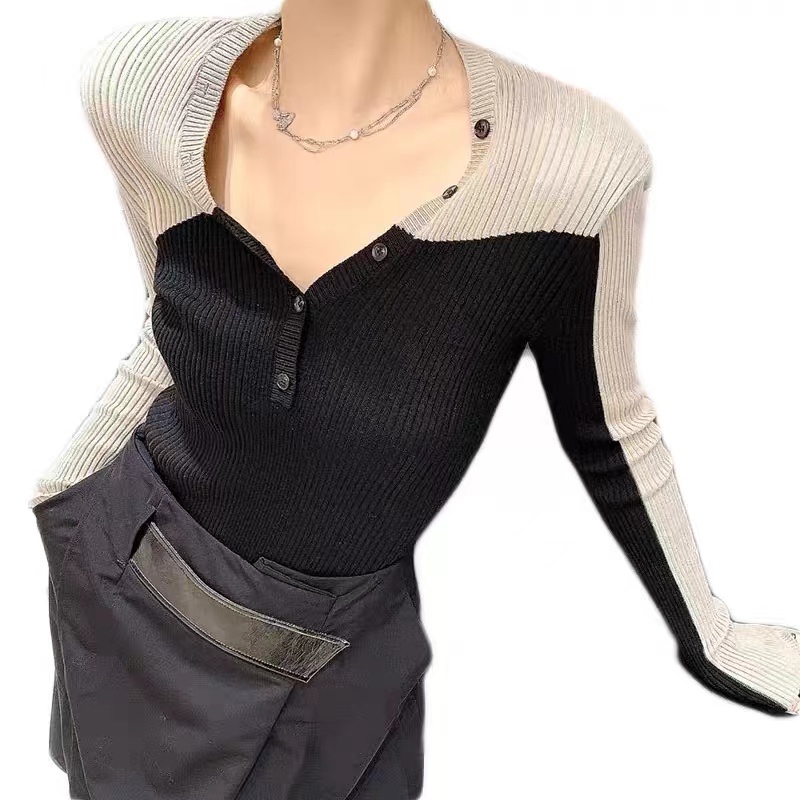 Knitted mixed colors sweater V-neck bottoming shirt for women