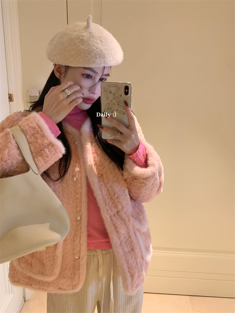 Pink fluffy loose all-match coat