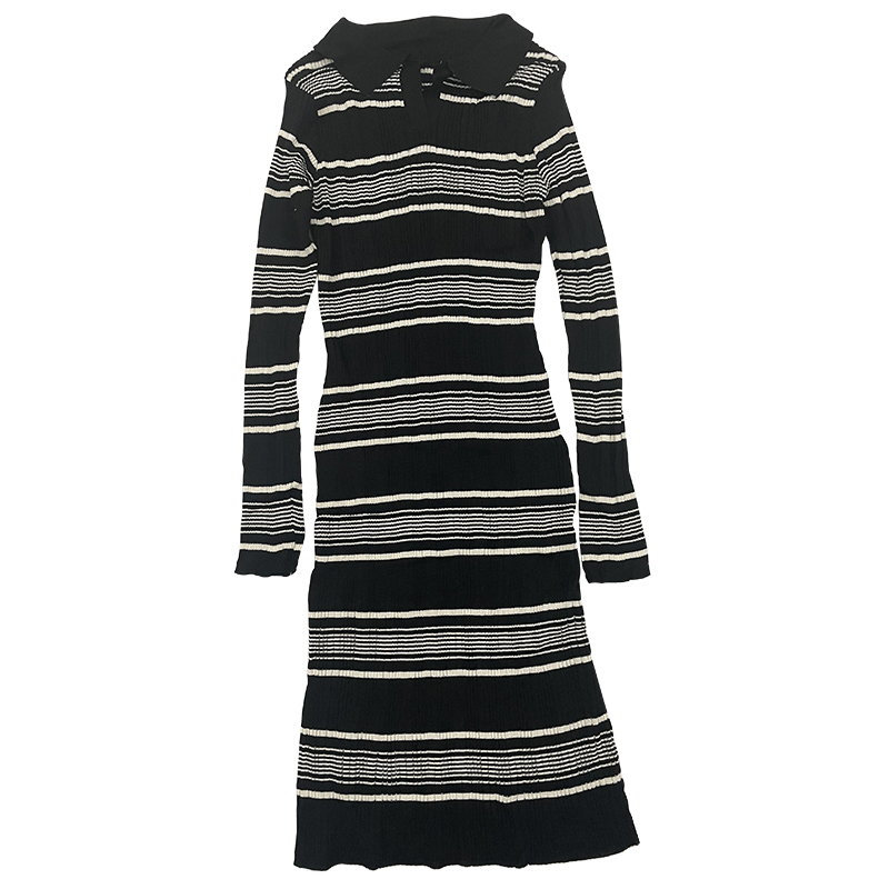 Mixed colors slim pinched waist long sleeve long stripe dress