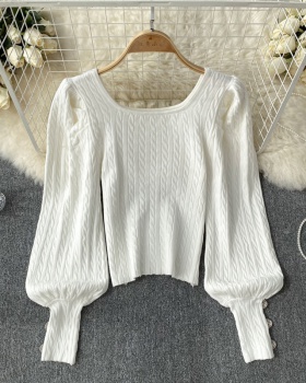 Square collar puff sleeve tops twist clavicle for women