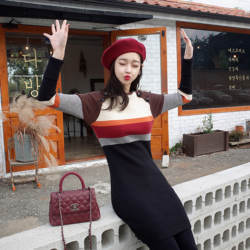 Package hip stripe dress European style sweater for women