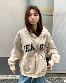 Hooded apricot loose hoodie Casual letters coat for women