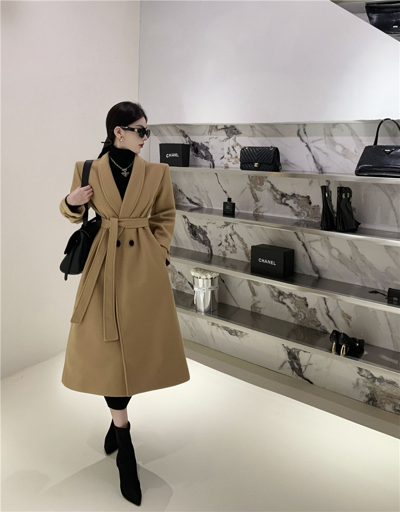 Two-sided cashmere overcoat camel woolen coat for women