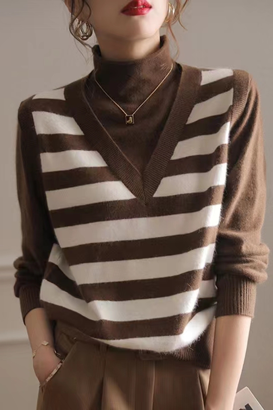 High collar mixed colors waistcoat stripe sweater