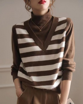High collar mixed colors waistcoat stripe sweater
