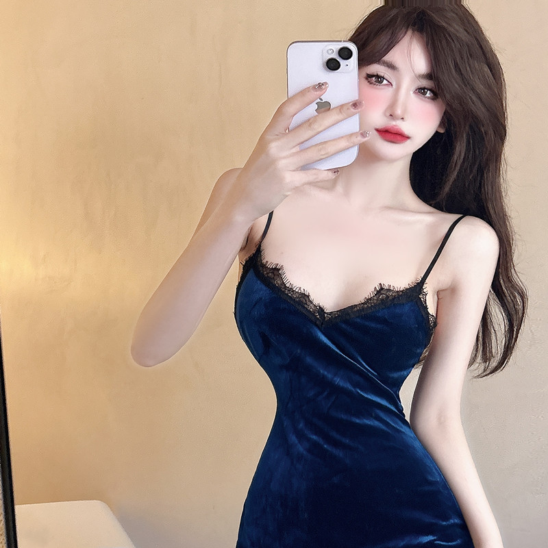 Sexy velvet dress thermal night dress for women
