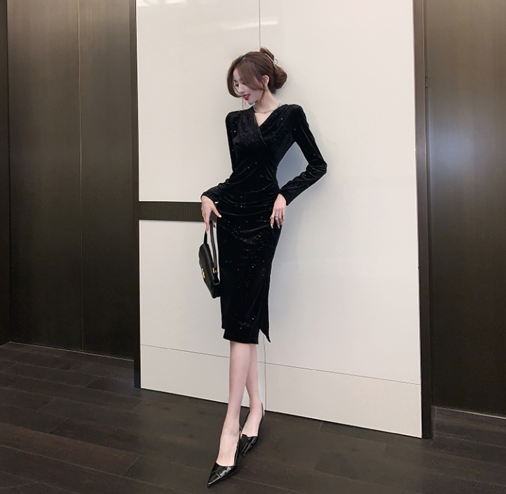 Long high waist formal dress V-neck velvet dress