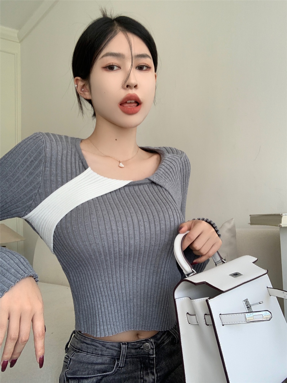 Korean style elasticity slim unique mixed colors sweater