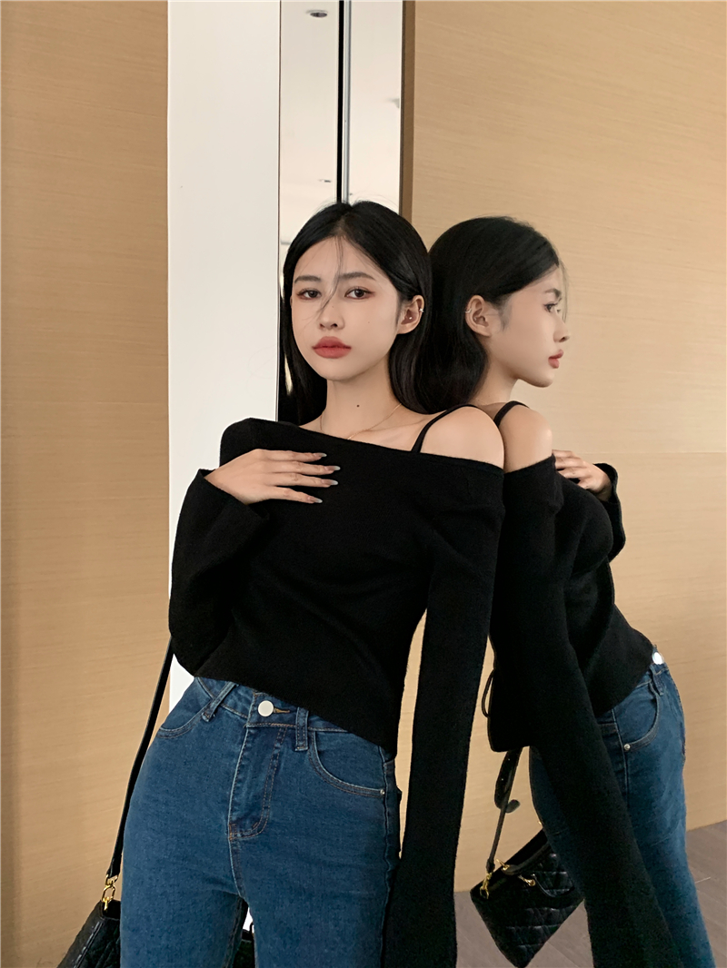 Autumn and winter flat shoulder sweater bandage knitted tops