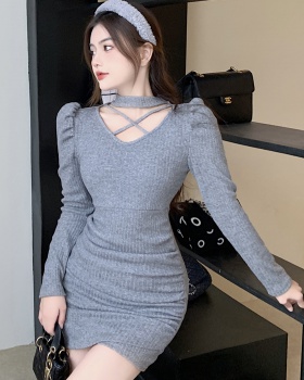 Irregular knitted slim long package hip dress