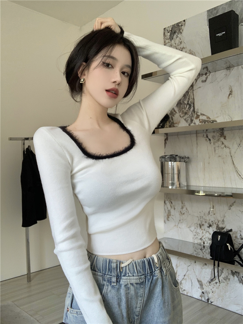 Square collar bottoming short sweater