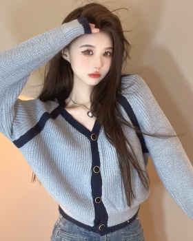 Loose long sleeve sweater mixed colors V-neck jacket