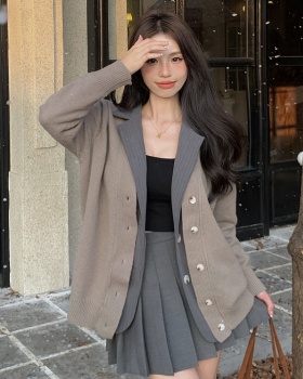 Pseudo-two gray skirt knitted pleated coat 2pcs set