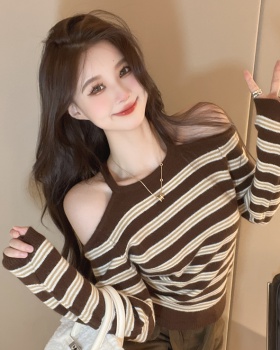 Long sleeve horizontal collar sexy stripe tops for women