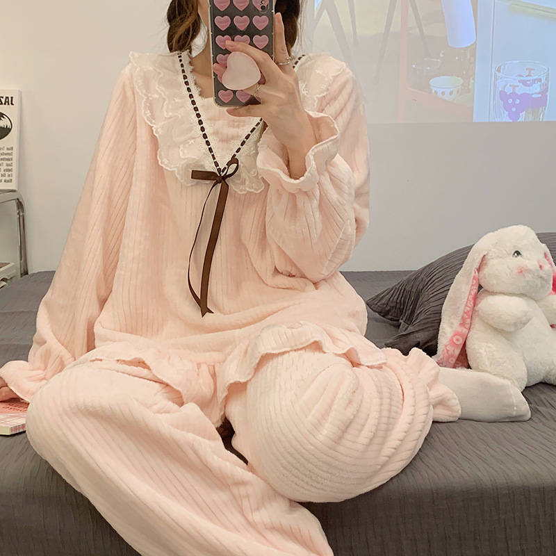 Sweet winter coral velvet thermal pajamas 2pcs set for women