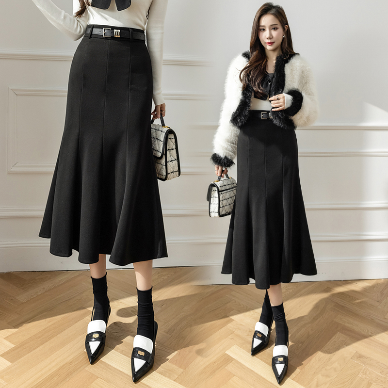 Tender woolen long high waist skirt for women