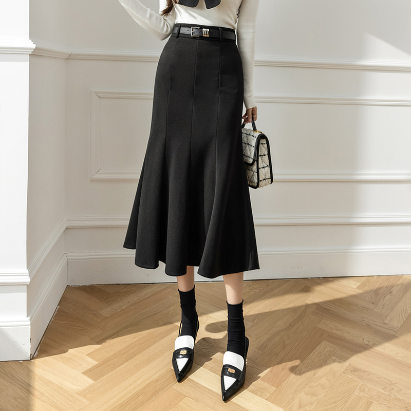 Tender woolen long high waist skirt for women