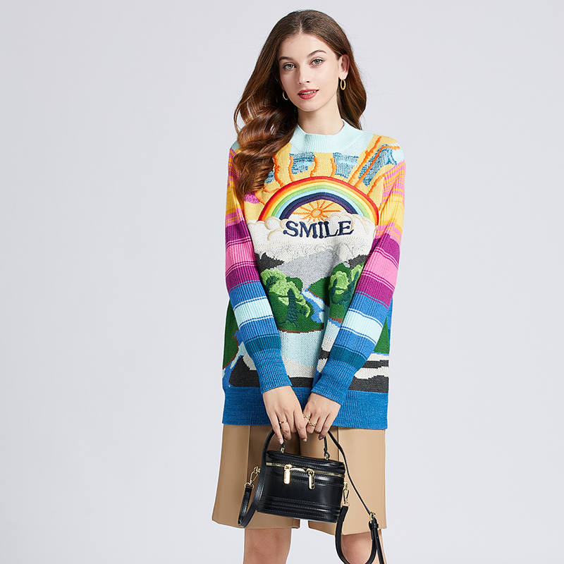Embroidery mixed colors tops loose thick sweater