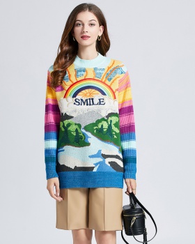 Embroidery mixed colors tops loose thick sweater