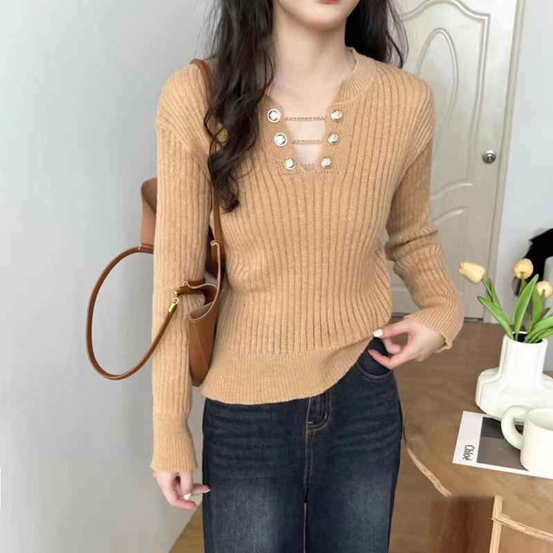 Pullover chain tops Korean style pure sweater for women