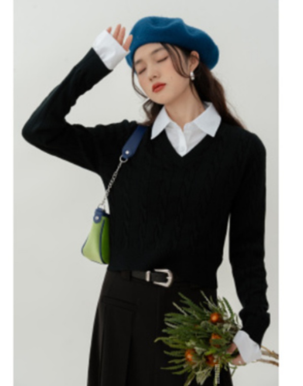Korean style college style tops Pseudo-two shirt