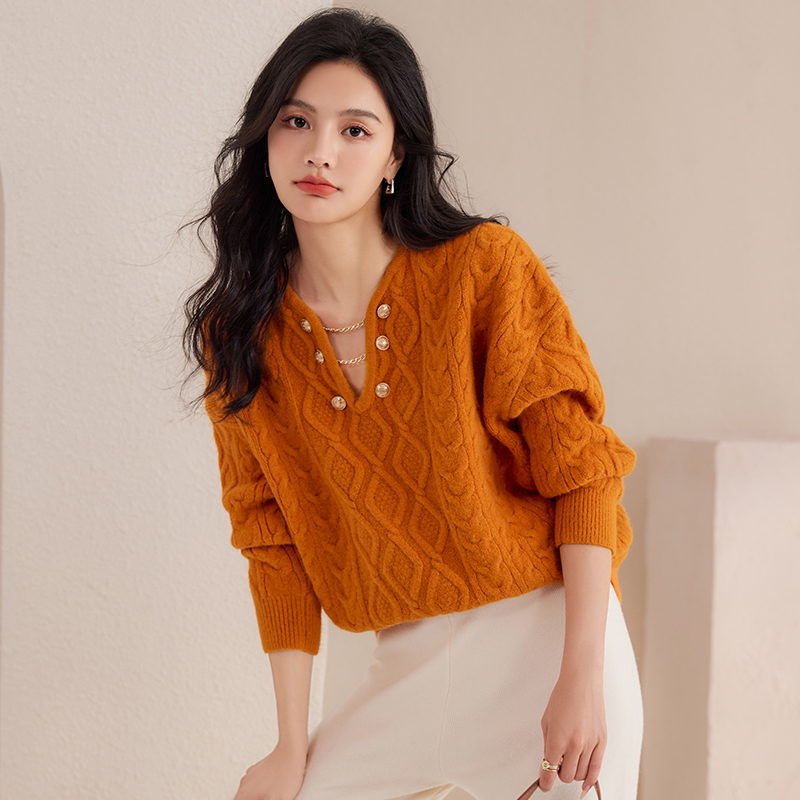 Lazy knitted orange sweater pullover twist V-neck tops