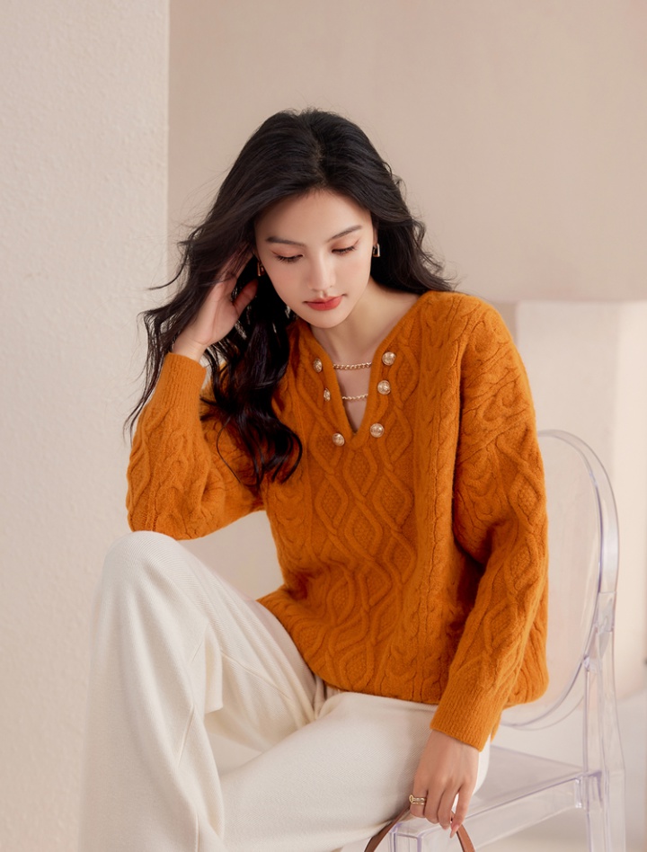 Lazy knitted orange sweater pullover twist V-neck tops