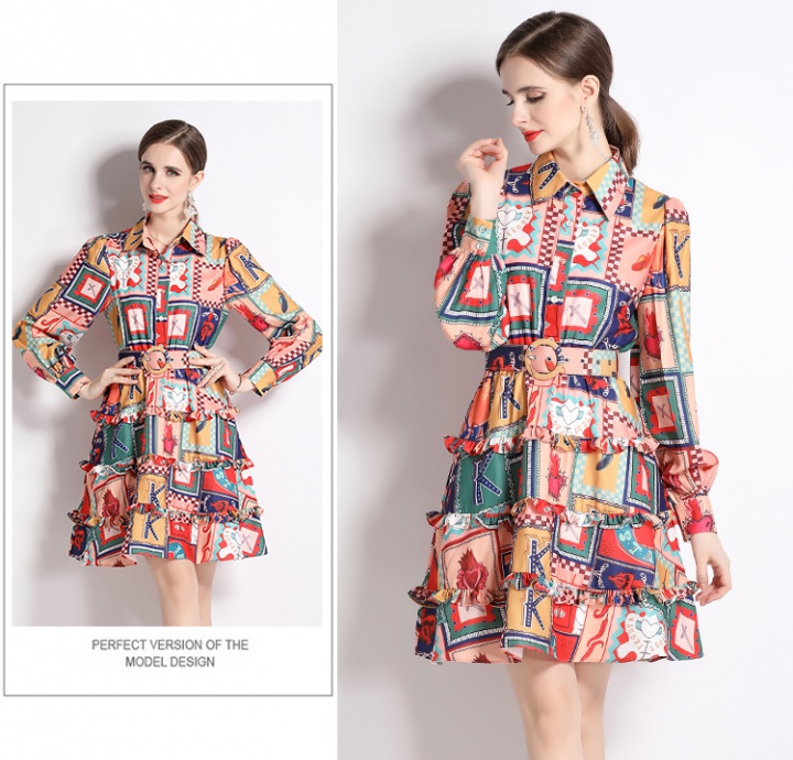 European style printing dress pinched waist shirt