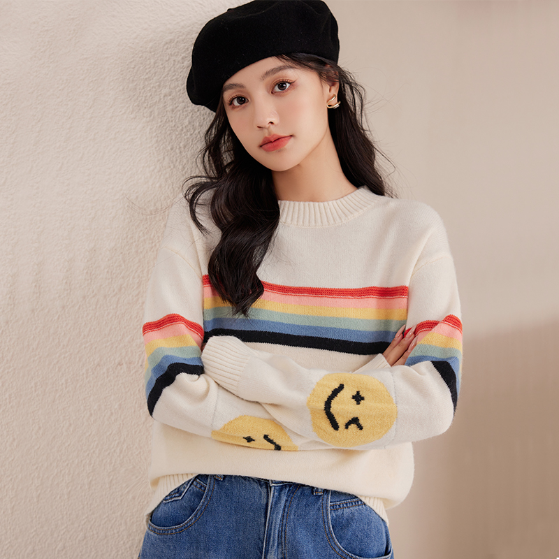 Stripe round neck sweater knitted tops for women