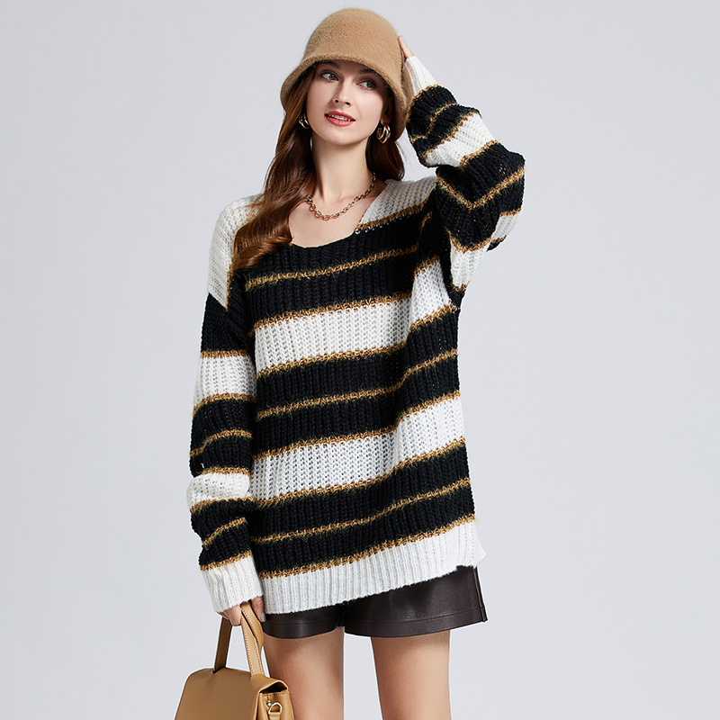 Pullover mohair stripe autumn and winter mixed colors sweater
