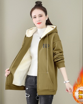 Zip plus velvet lambs wool cardigan hooded thick coat for women