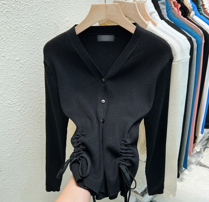 Drawstring temperament cardigan Korean style buckle tops