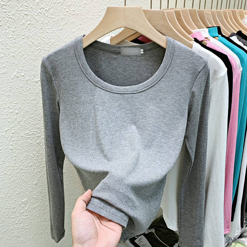 Slim all-match tops round neck pure T-shirt for women