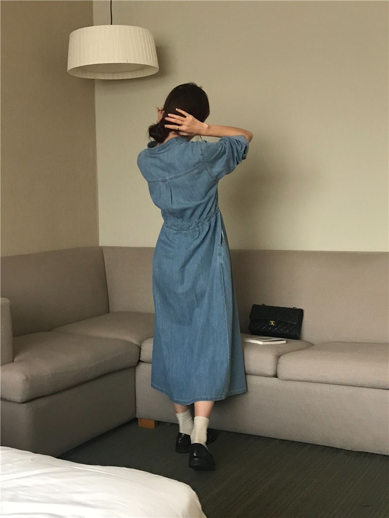 Korean style long pinched waist frenum washed dress