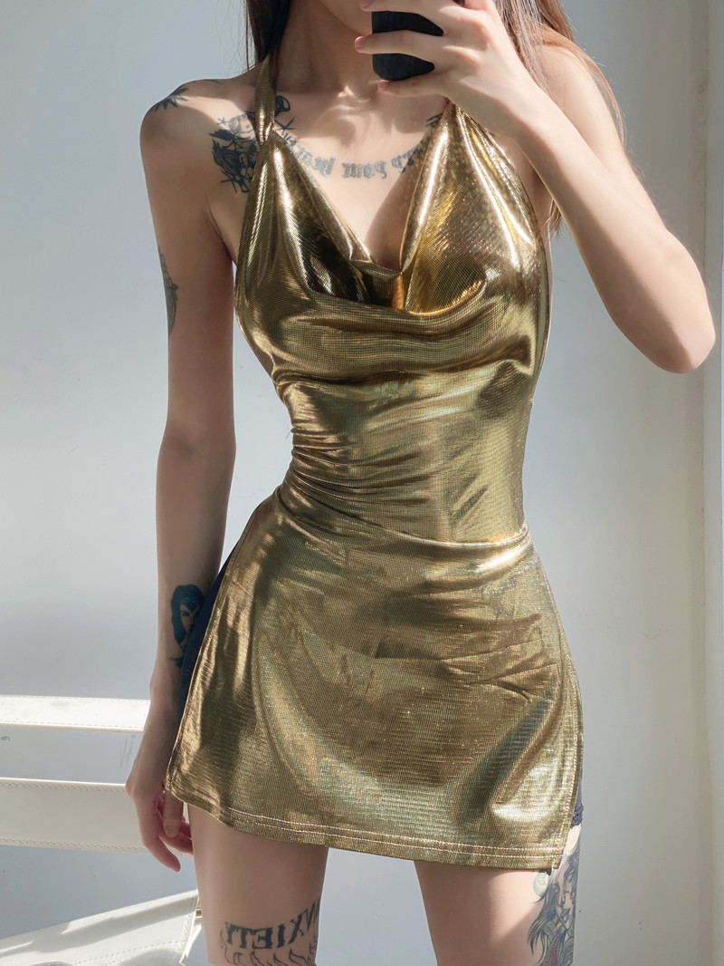 Split big gold sexy bar halter short dress for women