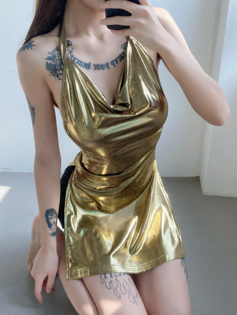 Split big gold sexy bar halter short dress for women