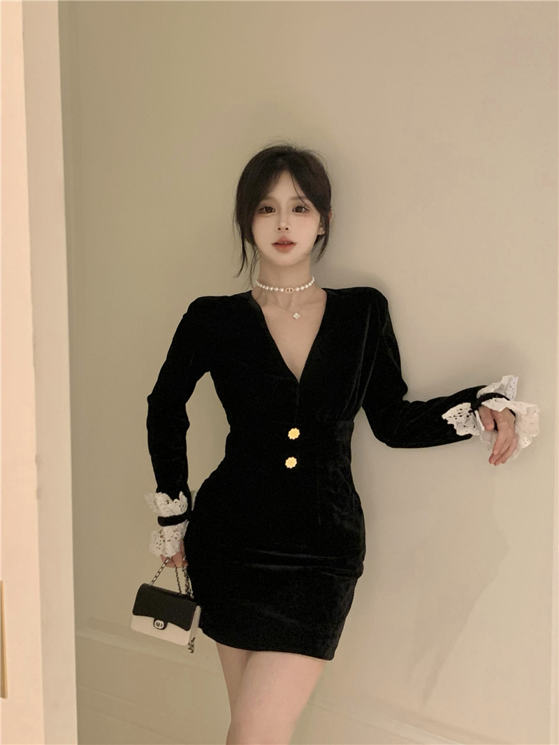 Slim pinched waist lace velvet splice knitted dress