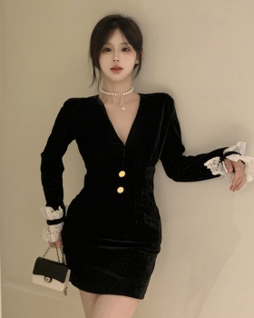 Slim pinched waist lace velvet splice knitted dress