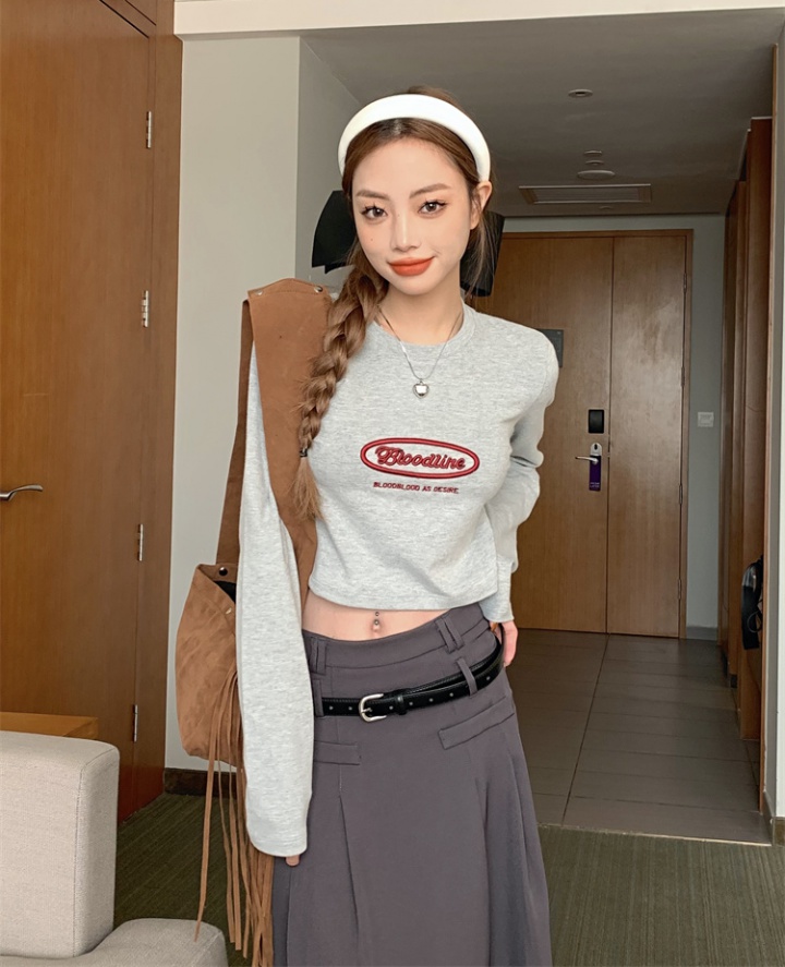 Sueding short long sleeve embroidery T-shirt