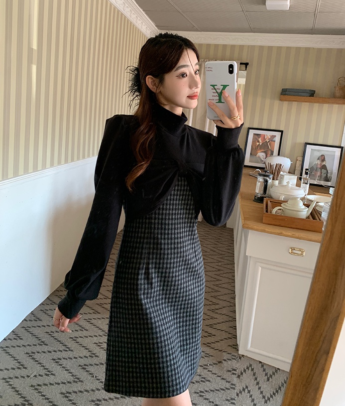 Plaid autumn and winter T-back splice dress for women
